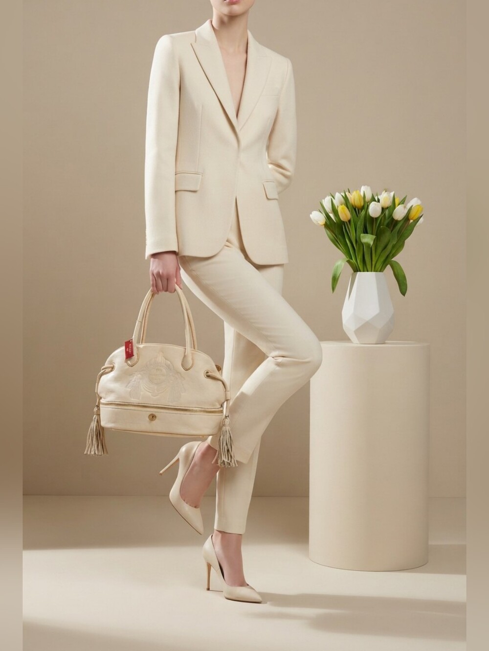 LANCEL Paris Ivory Grained Leather Tassel Shoulder Bag NWT